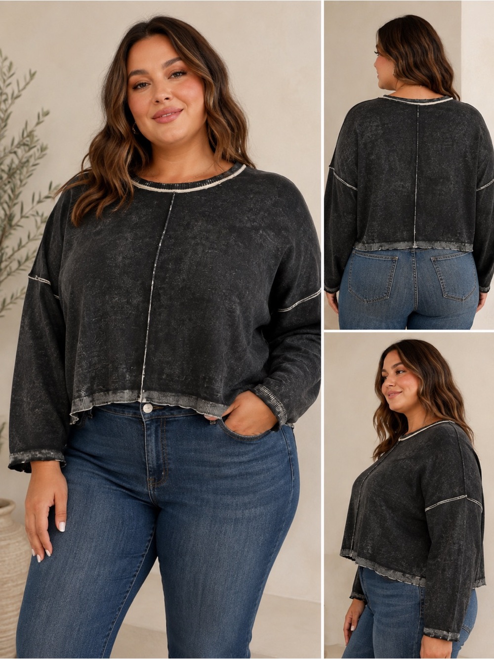 525 America plus size 1X boxy acid washed cropped oversized sweater black gray